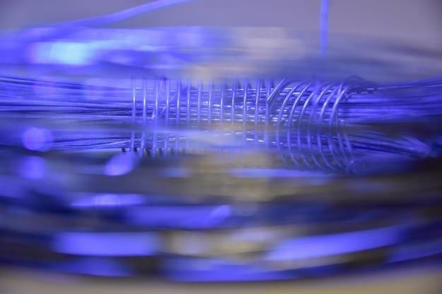 A close-up of optical fiber cables bundled together, emitting a soft blue light, against a blurred background of a modern data center, illustrating high-speed broadband infrastructure.