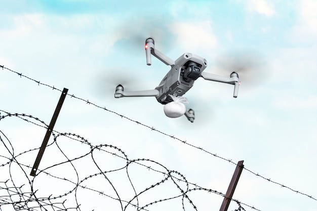 A drone flying over a border fence with sensors and cameras, symbolizing modern border security technologies and surveillance.
