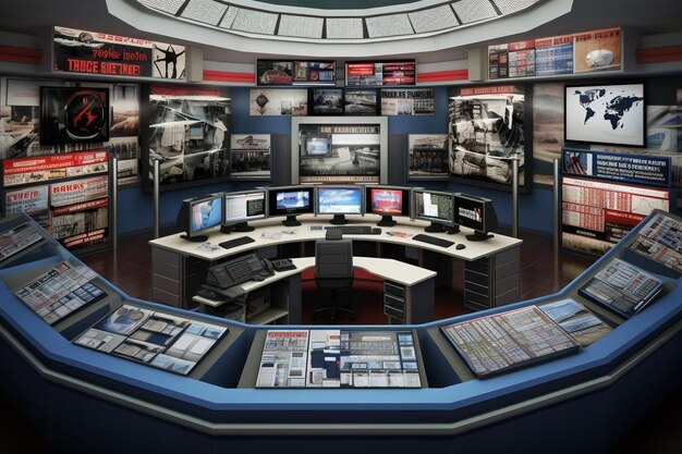 A chaotic newsroom with multiple screens displaying breaking news headlines related to political scandal, journalists on phones, and cameras flashing, symbolizing intense media scrutiny.