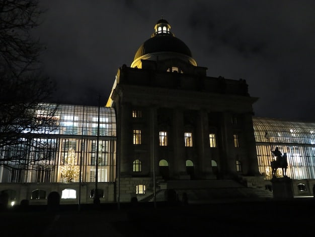 A federal courthouse building at dusk, with its imposing architecture and a sense of gravity, symbolizing the weight of criminal justice proceedings in campaign finance cases.