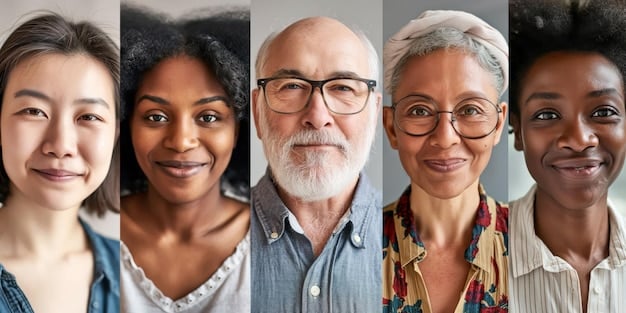 A close-up shot of a diverse group of people, representing different age groups and ethnicities, engaged in a lively political debate in a modern, well-lit community hall. Some are holding small 