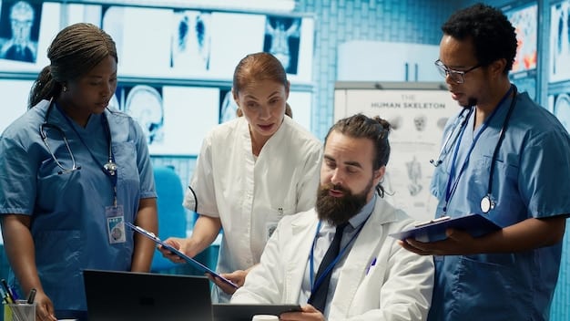 A diverse group of healthcare professionals in scrubs and lab coats, looking serious and dedicated, representing the human and labor cost aspect of healthcare.