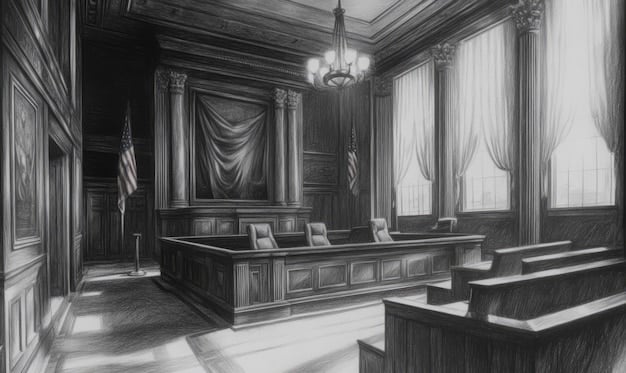 A detailed courtroom sketch-style drawing of a federal judge presiding over a case, with shadows of data or digital lines in the background. This image conveys the judicial oversight aspect of the debate, emphasizing legal processes and justice.