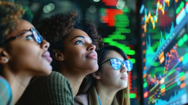A diverse group of young adults, looking thoughtfully at a blurred image of financial charts and graphs in the background, symbolizing their inherited economic challenges. Their expressions are a mix of concern and determination.