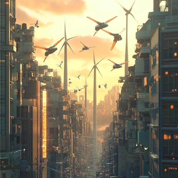 Futuristic image of a smart city powered by renewable energy, with advanced wind turbines and solar panels integrated into the infrastructure, showing technological progress in sustainability.