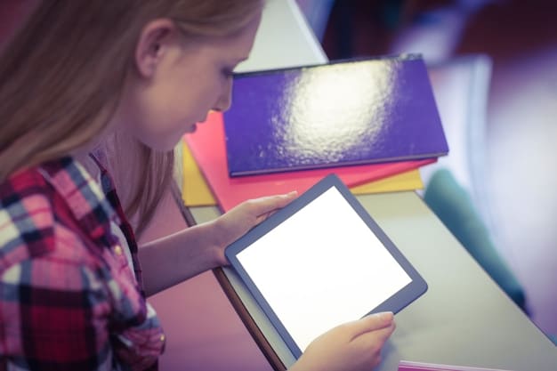 A student using a tablet in a classroom, with digital learning tools displayed on the screen, emphasizing technology's role in modern education.