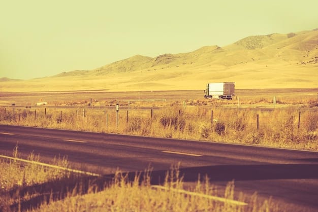 A lone mail truck driving down a long, empty rural road with fields on either side, emphasizing the vast distances covered under the universal service obligation.
