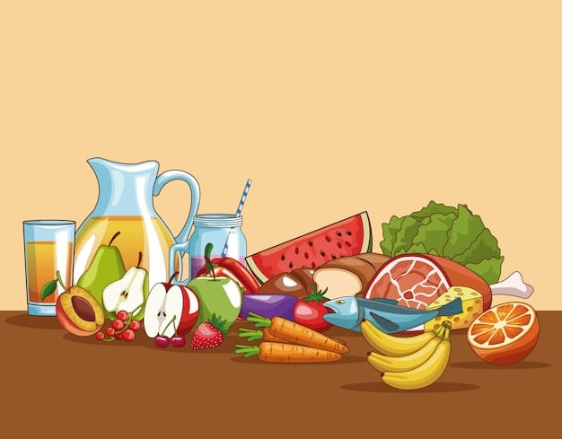 A diverse spread of colorful, healthy foods including fruits, vegetables, lean proteins, and a glass of water, emphasizing a balanced diet.
