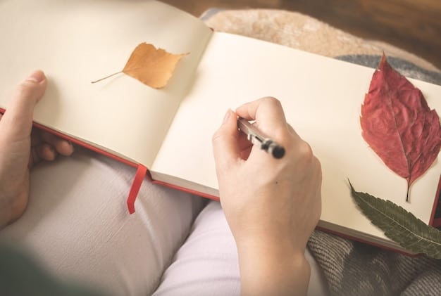 A close-up of a hand jotting notes in a simple, open journal with a pen, surrounded by a peaceful, minimalist desk setup, symbolizing self-reflection and tracking.