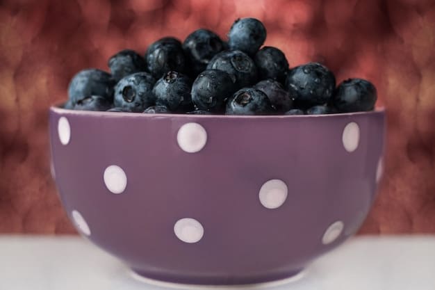 A close-up of a bowl of fresh, vibrant blueberries, symbolizing antioxidant-rich fruits available in US markets.