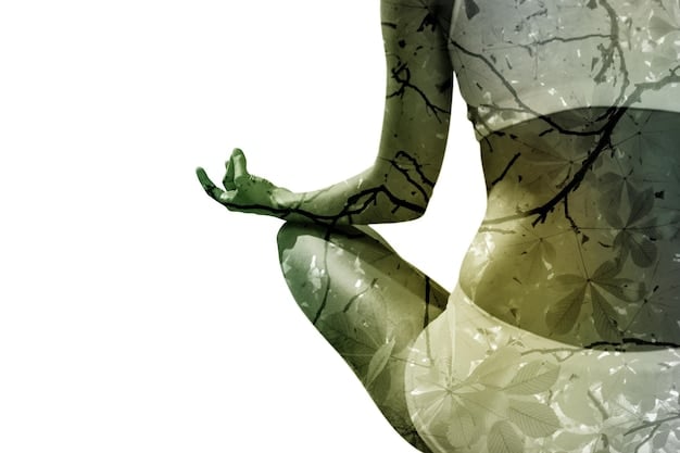 A person meditating calmly, with a subtle overlay of abstract gut flora imagery, symbolizing inner peace achieved through holistic practices.
