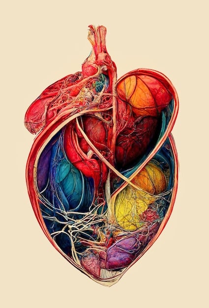 A detailed diagram showing the human heart and surrounding arteries, with healthy blood flow indicated, illustrating the complexity of the cardiovascular system.