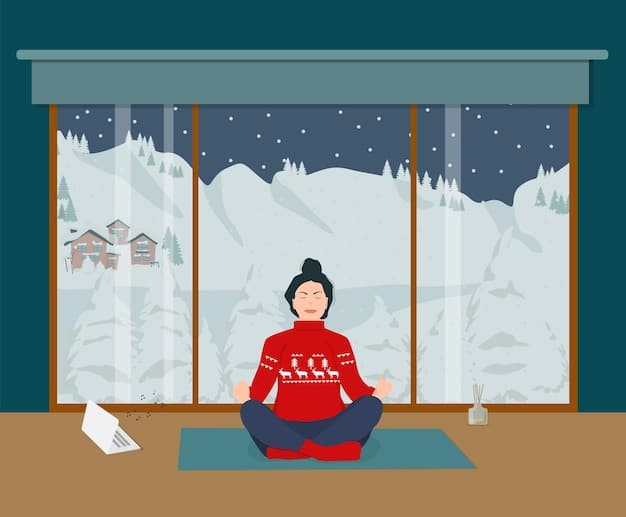 A person meditating peacefully indoors, surrounded by warm, soft light, promoting a sense of calm and mental well-being during winter.