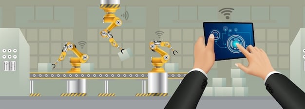Robotic arms on an assembly line connected by visible wireless signals, highlighting 5G's role in industrial automation and precision manufacturing