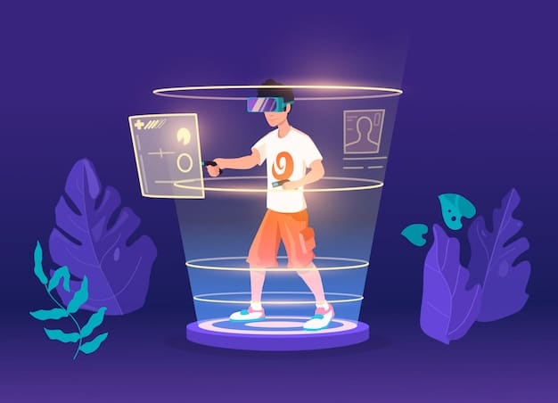 A designer wearing a VR headset interacts with a holographic 3D model of a product, with 5G connection symbols floating around, illustrating advanced product development