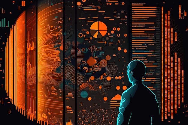 A stylized representation of a cybersecurity analyst looking at complex data visualizations, with abstract quantum-like particles flowing into networks, illustrating the challenge of securing data against quantum threats.