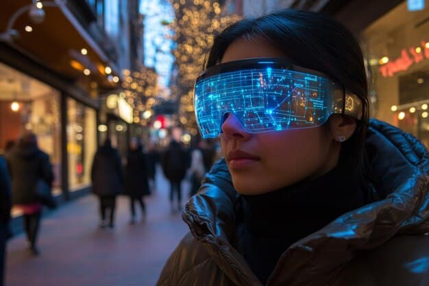 A person wearing sleek AR glasses looking at a bustling city street, with holographic information floating above landmarks, representing Google's AR and data integration.
