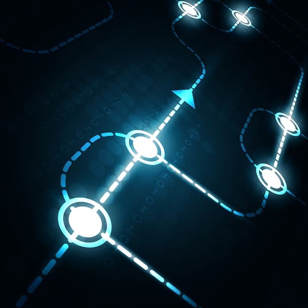 A stylized network diagram focusing on data flow from multiple smart sensors (represented by small glowing nodes) in a factory setting, converging towards a nearby edge server (a larger glowing cube) and only then transmitting reduced data to a distant cloud (a larger, less bright cloud icon.) The lines demonstrating data flow from sensors to edge server are thick and fast, while the line to the cloud is thinner.