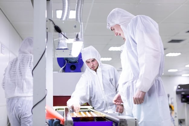 Engineers in cleanroom suits inspecting advanced semiconductor wafers under bright, meticulously clean conditions, emphasizing precision and high technology.