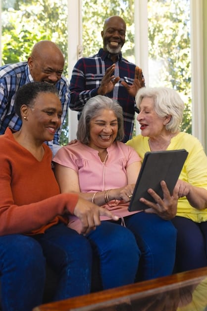 A diverse group of people, from young to elderly, actively using various digital devices (tablets, smartphones, laptops) in different settings, symbolizing widespread digital inclusion and access to technology.