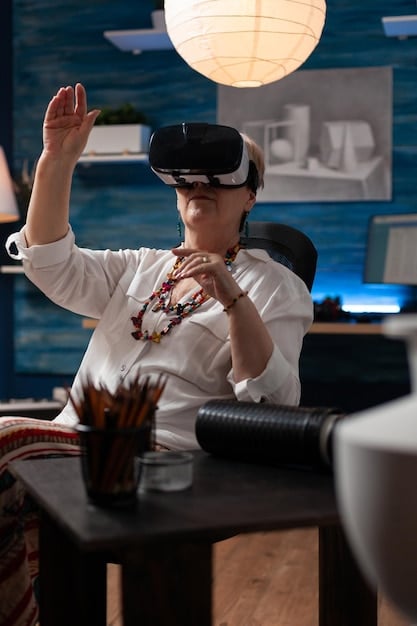 A student wearing a VR headset, interacting with a historical simulation, highlighting immersive and personalized learning.