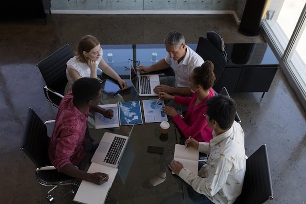 A diverse group of professionals engaged in a collaborative brainstorming session, with holographic projections and digital interfaces subtly integrated.