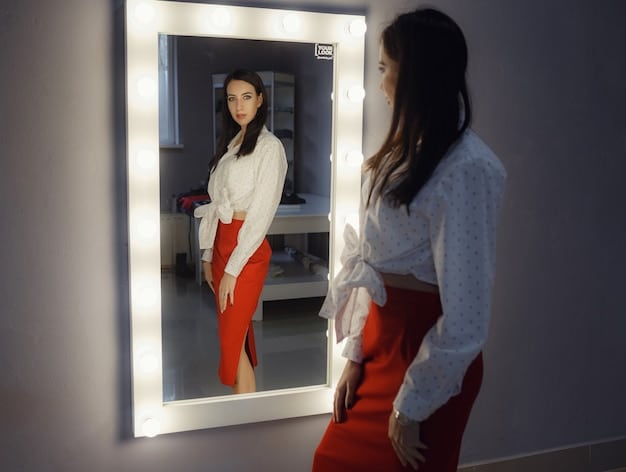 A woman in a boutique shop is using an AR mirror to virtually try on different outfits, seeing digital clothing overlaid on her reflection in real-time.