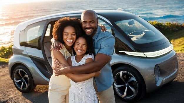 A diverse family of four, looking happy, stands next to a new electric SUV in a suburban driveway. The charging cable is visible, indicating it's plugged in. The house behind them has solar panels on the roof, suggesting an eco-conscious lifestyle.