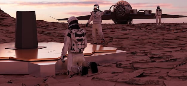 A detailed render of Lunar Gateway or a Martian habitat, with astronauts working outside, clearly indicating human presence in an off-world environment, surrounded by advanced infrastructure.