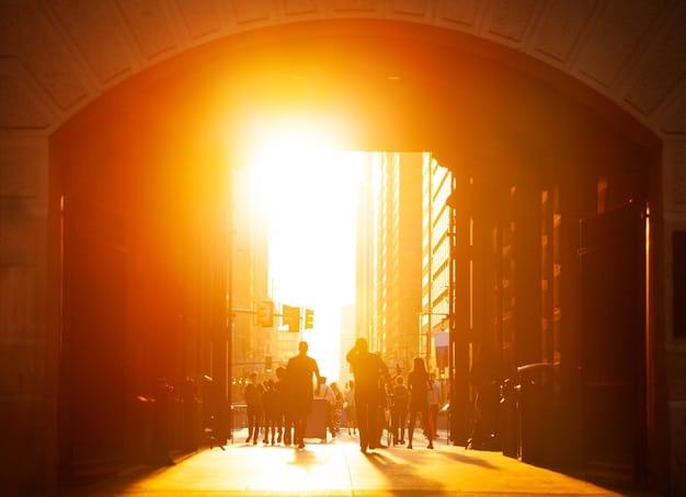 A diverse group of people standing in a court of law, with light rays hitting them from above, reflecting symbols of justice and fairness, while a blurry AI generated image of codes and algorithms is in the background.