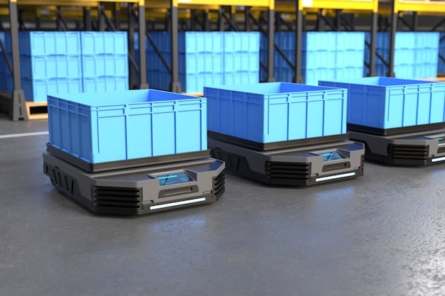 Automated guided vehicles (AGVs) transporting shelves in a large, modern warehouse, demonstrating efficient and high-volume order fulfillment.