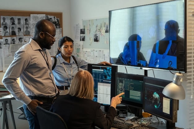 A diverse group of cybersecurity professionals collaboratively analyzing complex data on multiple screens in a modern, secure operations center, emphasizing teamwork and advanced analytical skills.
