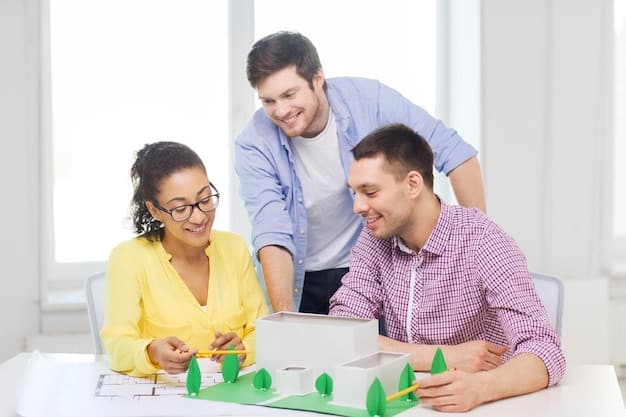 A teacher facilitating an interactive financial game or simulation with students in a bright, modern classroom. The image should convey collaboration, active learning, and fun, possibly featuring digital screens or board games focused on money.