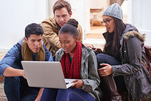 A close-up shot of a diverse group of college students, some with laptops, others with textbooks, collaborating and discussing academic materials in a modern university library setting, illustrating the collaborative nature of learning and financial planning discussions.