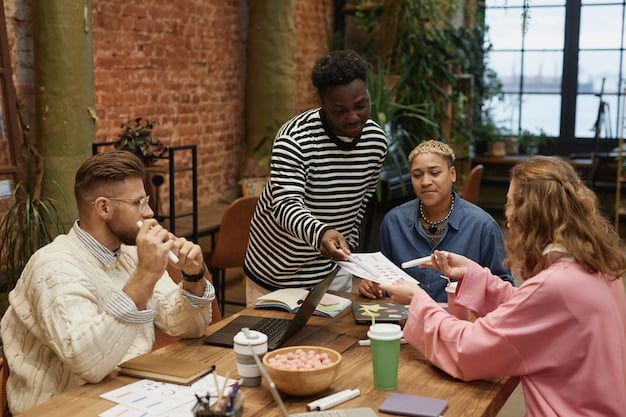 A diverse group of young adults gathered around a table, engaged in a discussion about financial documents and laptops, symbolizing collaborative financial planning and understanding complex policies. The setting is bright and modern, representing clarity and forward momentum.