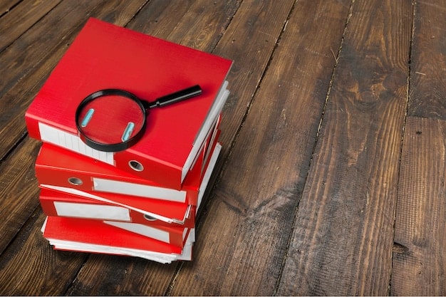 A magnifying glass inspecting a scholarship application form, highlighting suspicious clauses and red warning signs. The background is a blurred stack of student textbooks.