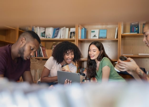 A diverse group of college students in a library, engaged in discussion with textbooks and laptops, symbolizing the impact of education funding policies on different student demographics.