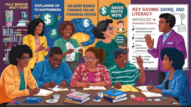 A diverse group of educators attending a financial literacy workshop, actively engaging with a presenter, symbolizing professional development in financial planning.