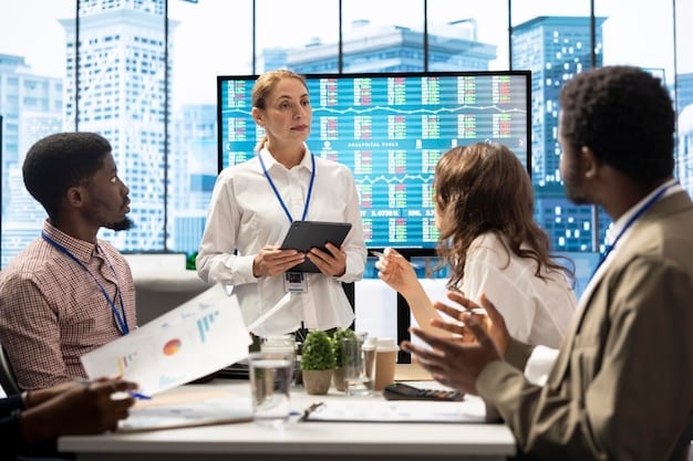 A diverse group of business professionals in a modern office looking at a financial chart on a large screen, discussing the potential impact of new tax laws on their company's strategy. There are faint lines of graphs in the background, signaling data analysis.