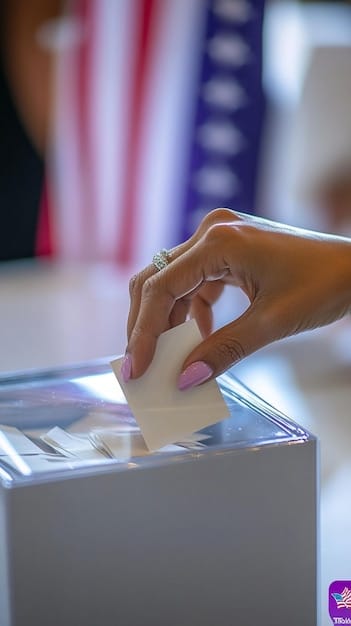 Close-up of a voter inserting a paper ballot into a modern, secure voting machine. The machine screen displays confirmation, and subtle security icons are visible on the machine's interface, suggesting advanced protection. Lit with natural light, signifying transparency.