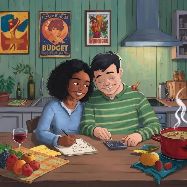 A detailed illustration of a family discussing their budget at a kitchen table, with charts and graphs in the background indicating household expenses and savings.