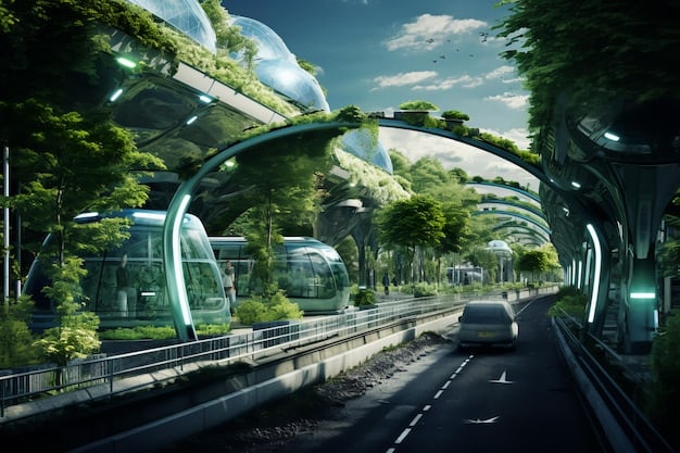 A detailed digital rendering of a future smart city environment, showcasing interconnected transportation systems, green spaces, and sustainable buildings, with data overlays illustrating efficiency metrics.
