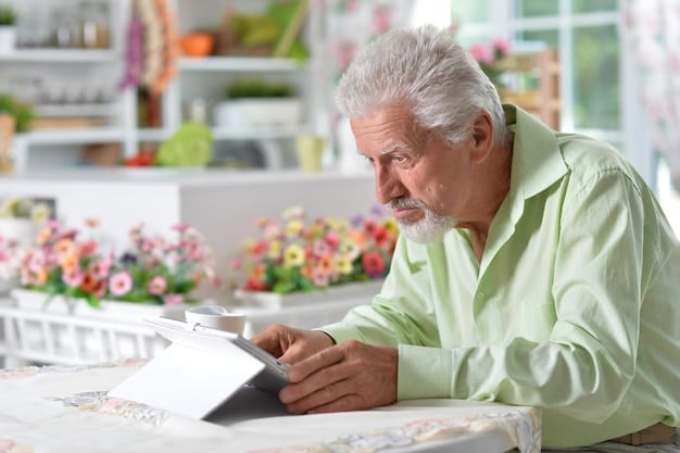 An elderly individual thoughtfully looking at financial documents, possibly a statement or a planner, with a subtle background of a modern home or financial environment. The image evokes financial planning and security in retirement.