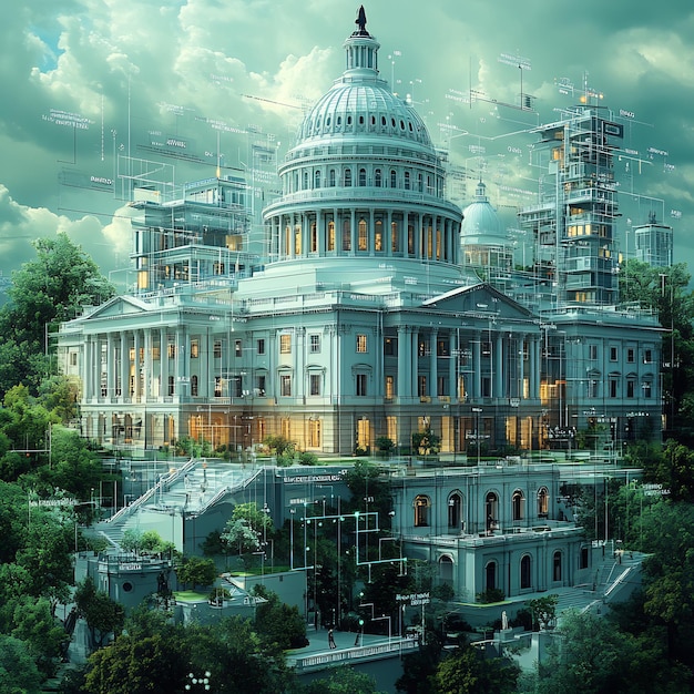 A detailed, abstract rendering of the U.S. Capitol building overlaid with subtle legal symbols like scales of justice and a network of connected dots, symbolizing the legislative process and interconnectedness of legal and political systems in federal lawmaking. The colors are muted, reflecting the seriousness of the topic.