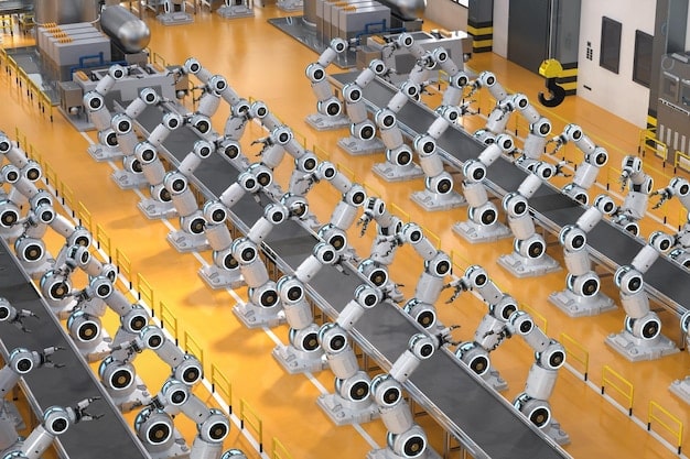 A close-up shot of a factory production line with various components and goods, some appearing to be in disarray, symbolizing supply chain disruptions. Overlaid subtly are blurred digital graphs indicating rising costs.