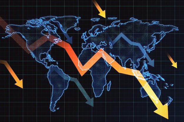 A detailed world map with arrows indicating trade routes, some broken or diverted, and economic data overlaid, highlighting the complex and changing nature of global trade due to disputes.