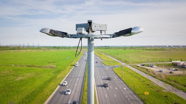 A high-tech border surveillance system featuring a drone flying over a landscape with sensor towers, monitoring sparse terrain, emphasizing modern border control.