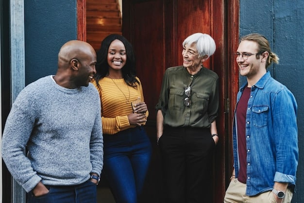 A diverse group of people from various age groups and ethnicities interacting positively in a community center, symbolizing social cohesion and integration amidst policy changes, with a blurred background of urban environment.