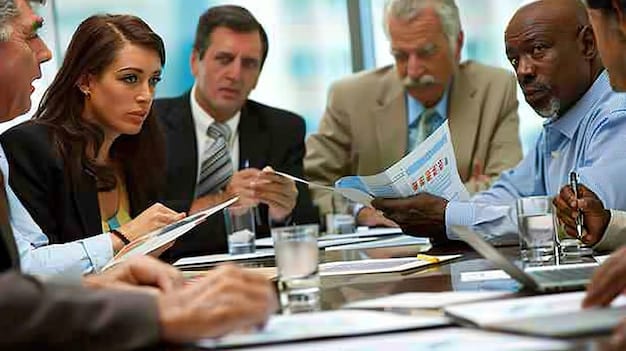 A policy meeting in Washington D.C. with diverse stakeholders discussing federal education funding allocations, featuring charts and strategic discussions.