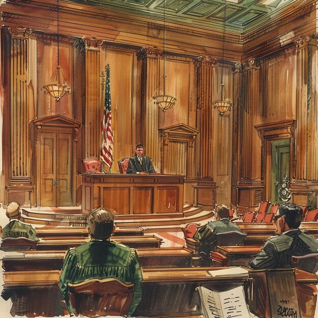 A vintage courtroom illustration with a judge's gavel and classic legal books, symbolizing a Supreme Court decision being made.